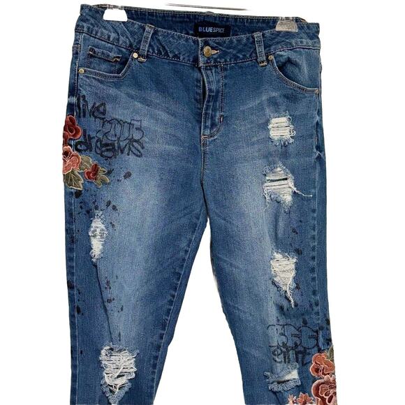 Blue Spice Womens 11 Jeans Embroidered Painted Straight Peace Distressed - Picture 1 of 15